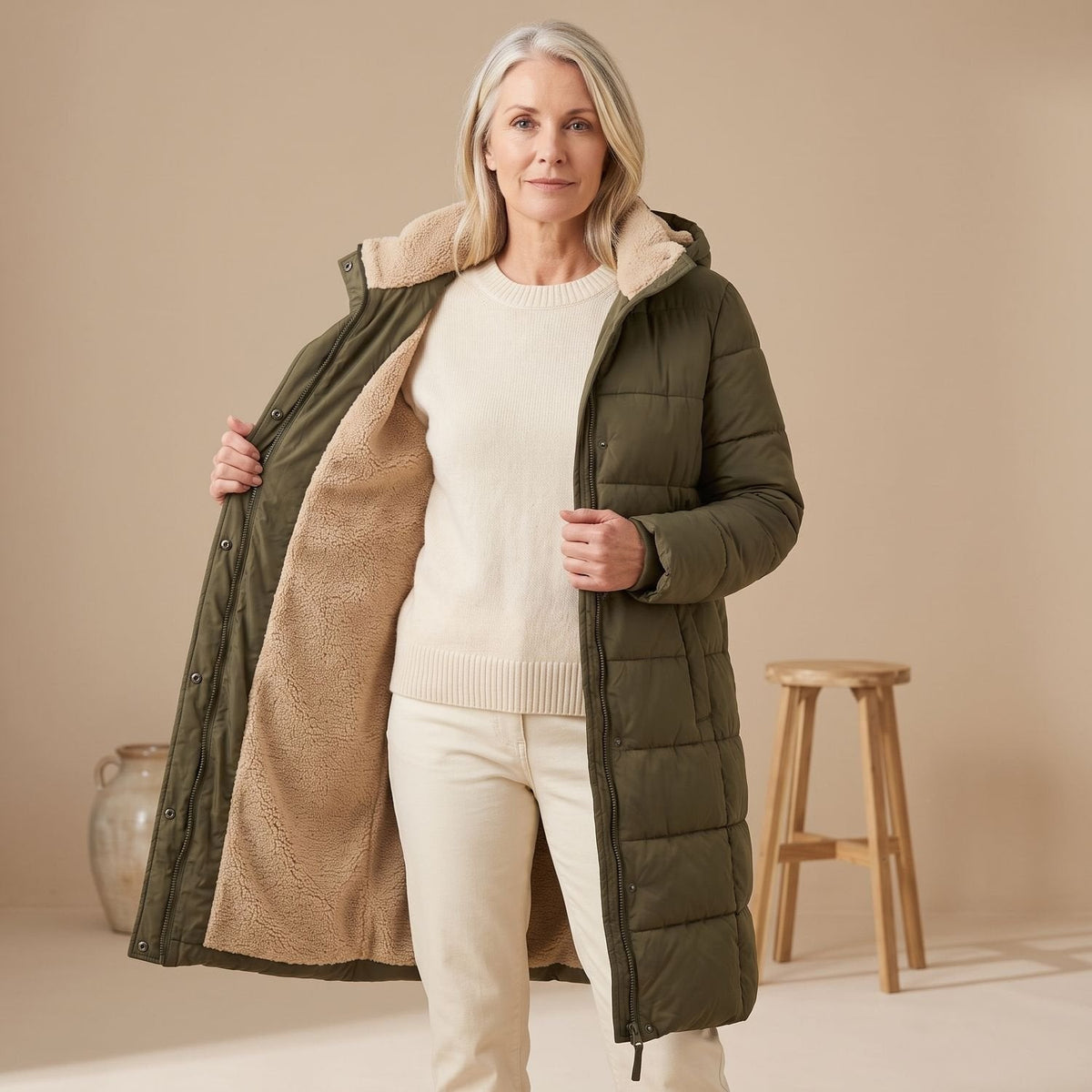 Steppmantel Damen mit Sherpafutter, lang und windabweisend