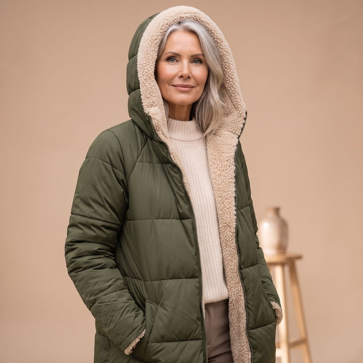 Steppmantel Damen mit Sherpafutter, lang und windabweisend