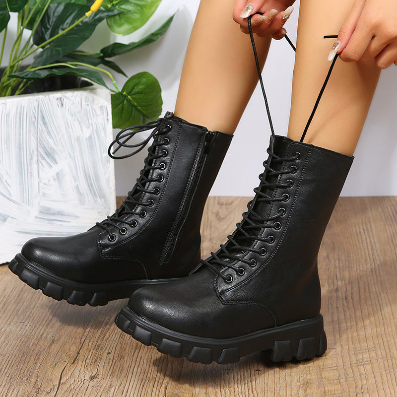 Stiefel Damen mit Plateau, Blockabsatz und Schnürung im Dirndl-Stil