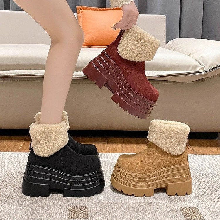 Stiefeletten Damen mit Plüschfutter, Plateau und Steppmuster