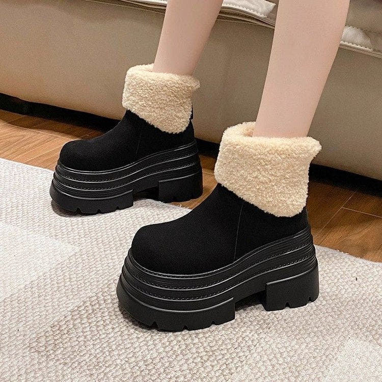 Stiefeletten Damen mit Plüschfutter, Plateau und Steppmuster