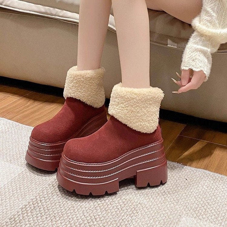 Stiefeletten Damen mit Plüschfutter, Plateau und Steppmuster