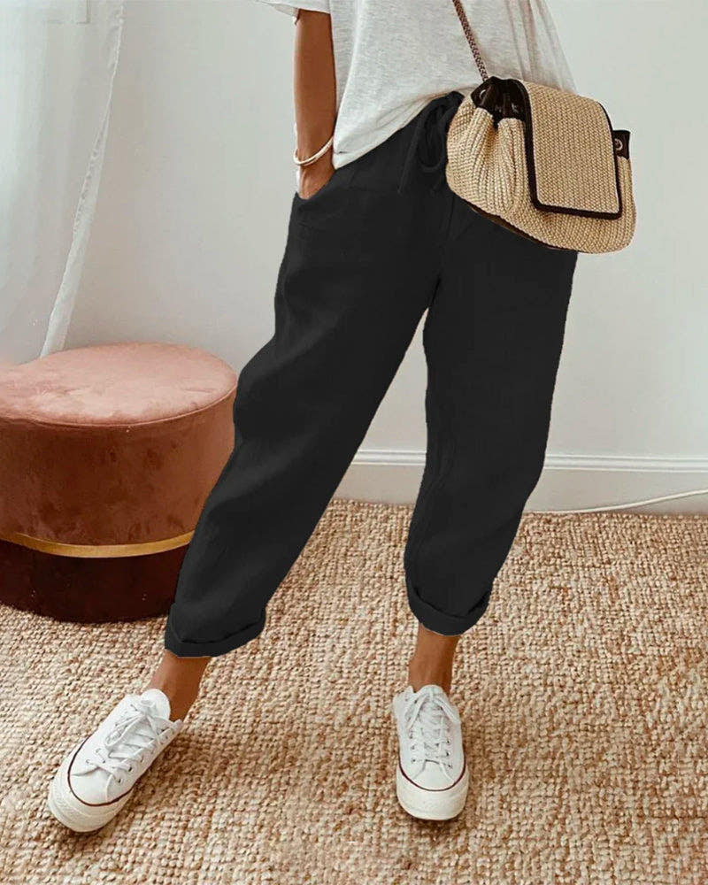 Stoffhose Damen mit hohem elastischem Bund, gerade Passform