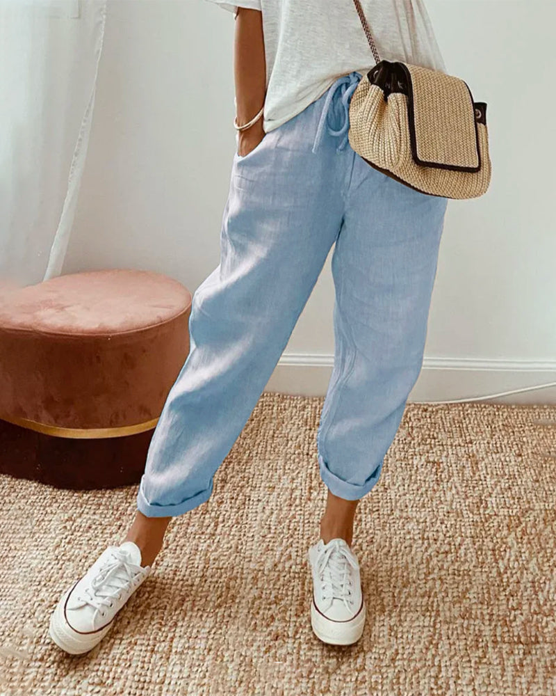 Stoffhose Damen mit hohem elastischem Bund, gerade Passform