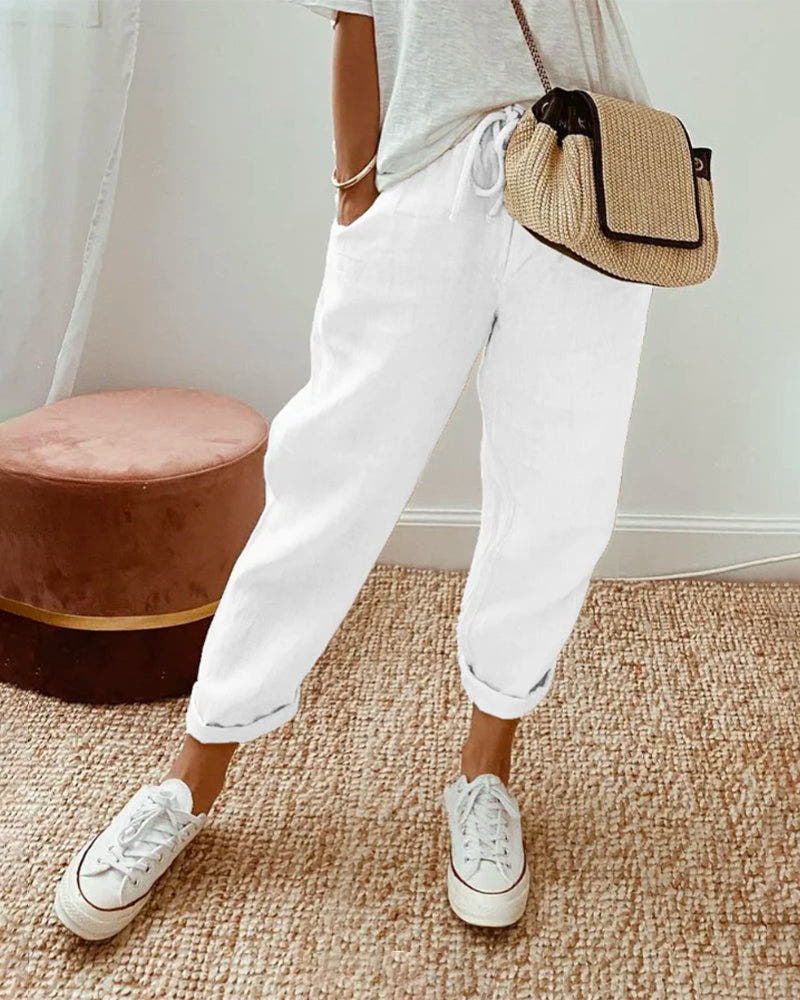 Stoffhose Damen mit hohem elastischem Bund, gerade Passform