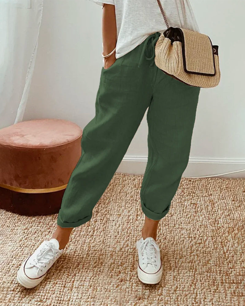 Stoffhose Damen mit hohem elastischem Bund, gerade Passform