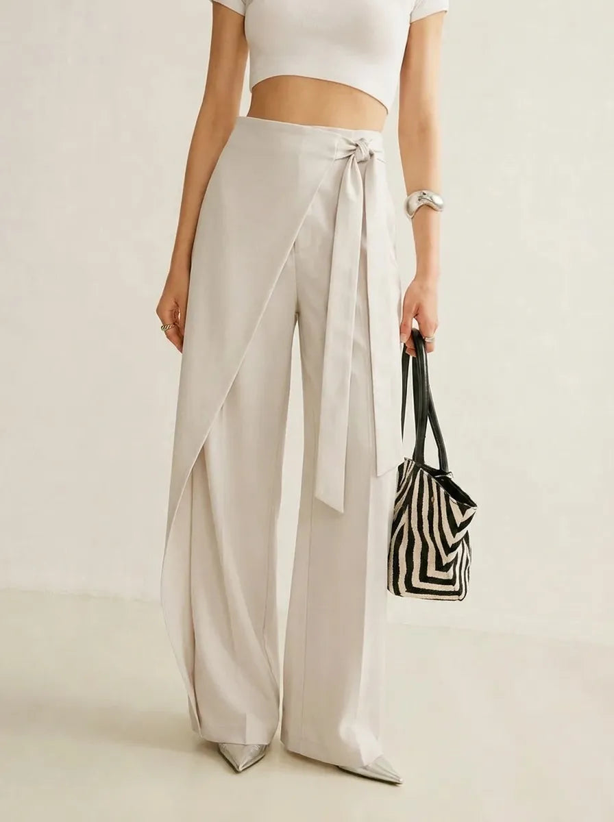 Stoffhose Damen mit hoher Taille, weites Bein und Wickeldesign