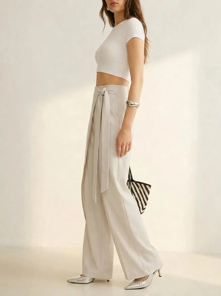 Stoffhose Damen mit hoher Taille, weites Bein und Wickeldesign