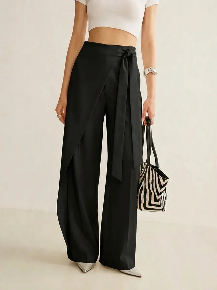 Stoffhose Damen mit hoher Taille, weites Bein und Wickeldesign