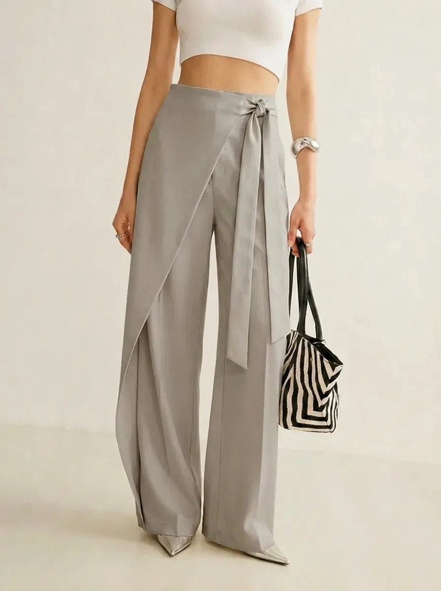 Stoffhose Damen mit hoher Taille, weites Bein und Wickeldesign