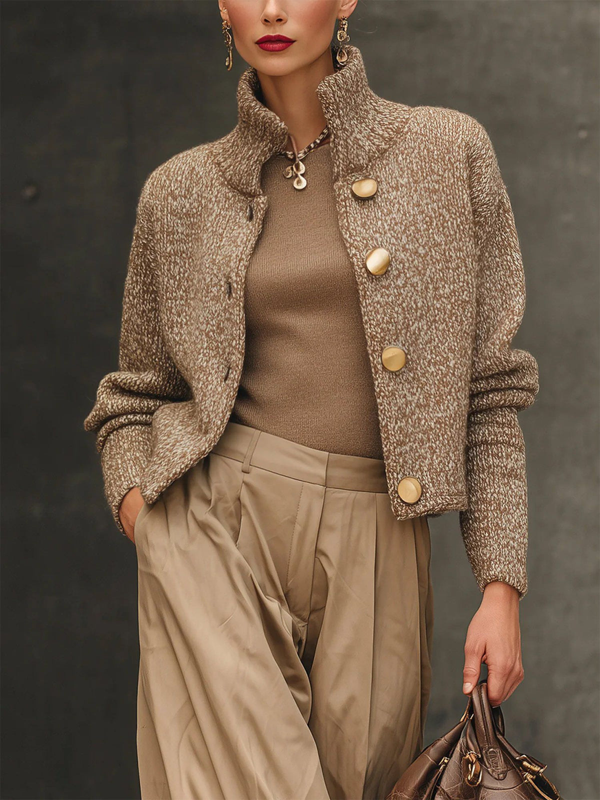 Strickjacke Damen kurz mit Stehkragen und markanter Knopfleiste