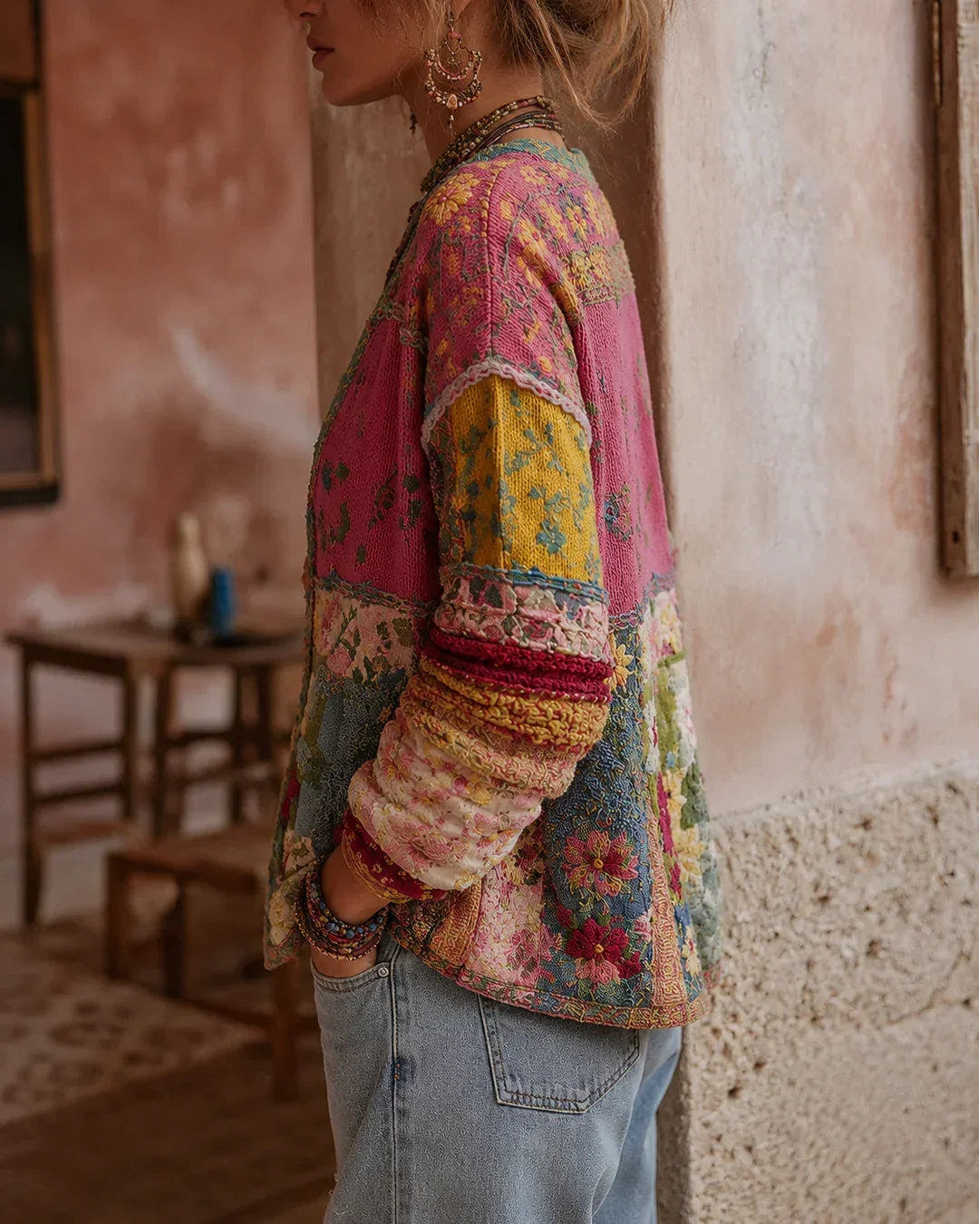 Strickjacke Damen locker und hüftlang mit floralen Stickereien