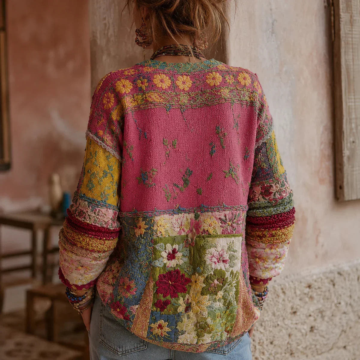 Strickjacke Damen locker und hüftlang mit floralen Stickereien