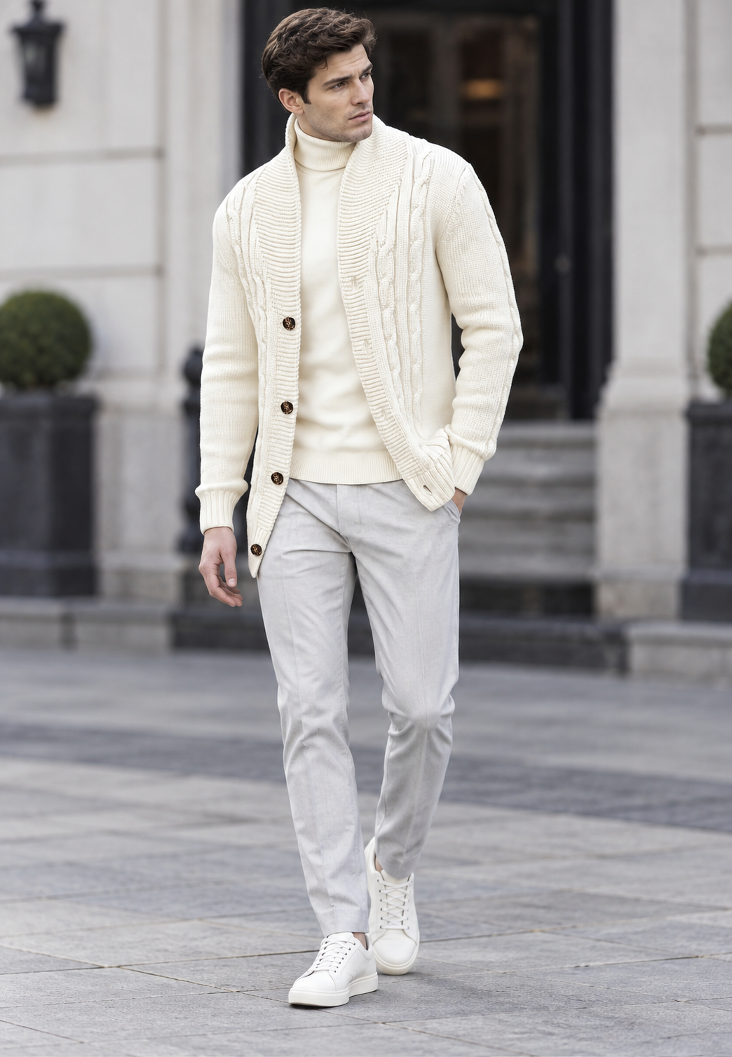 Strickjacke Herren mit Zopfmuster, Schalkragen und Knopfleiste