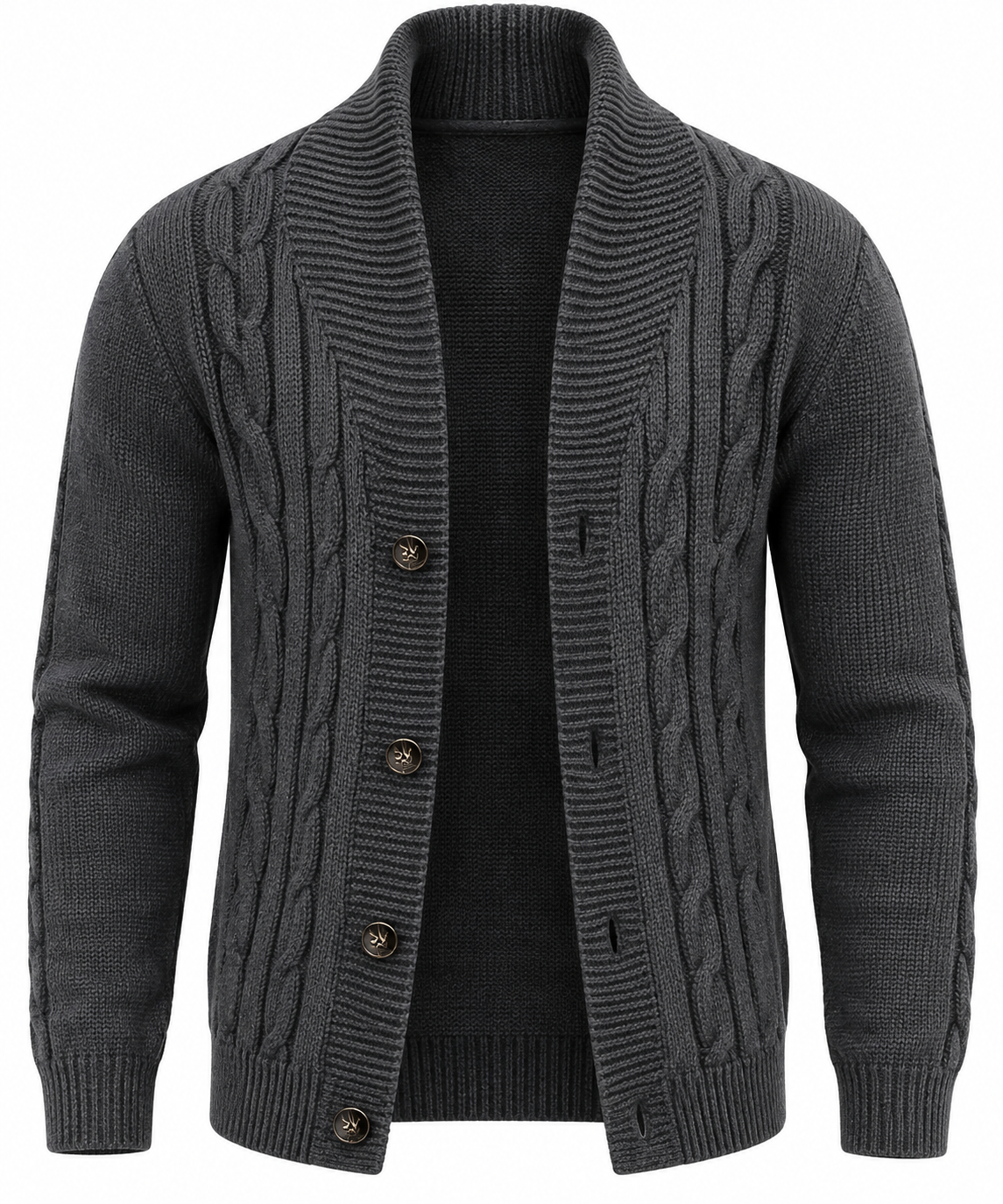 Strickjacke Herren mit Zopfmuster, Schalkragen und Knopfleiste