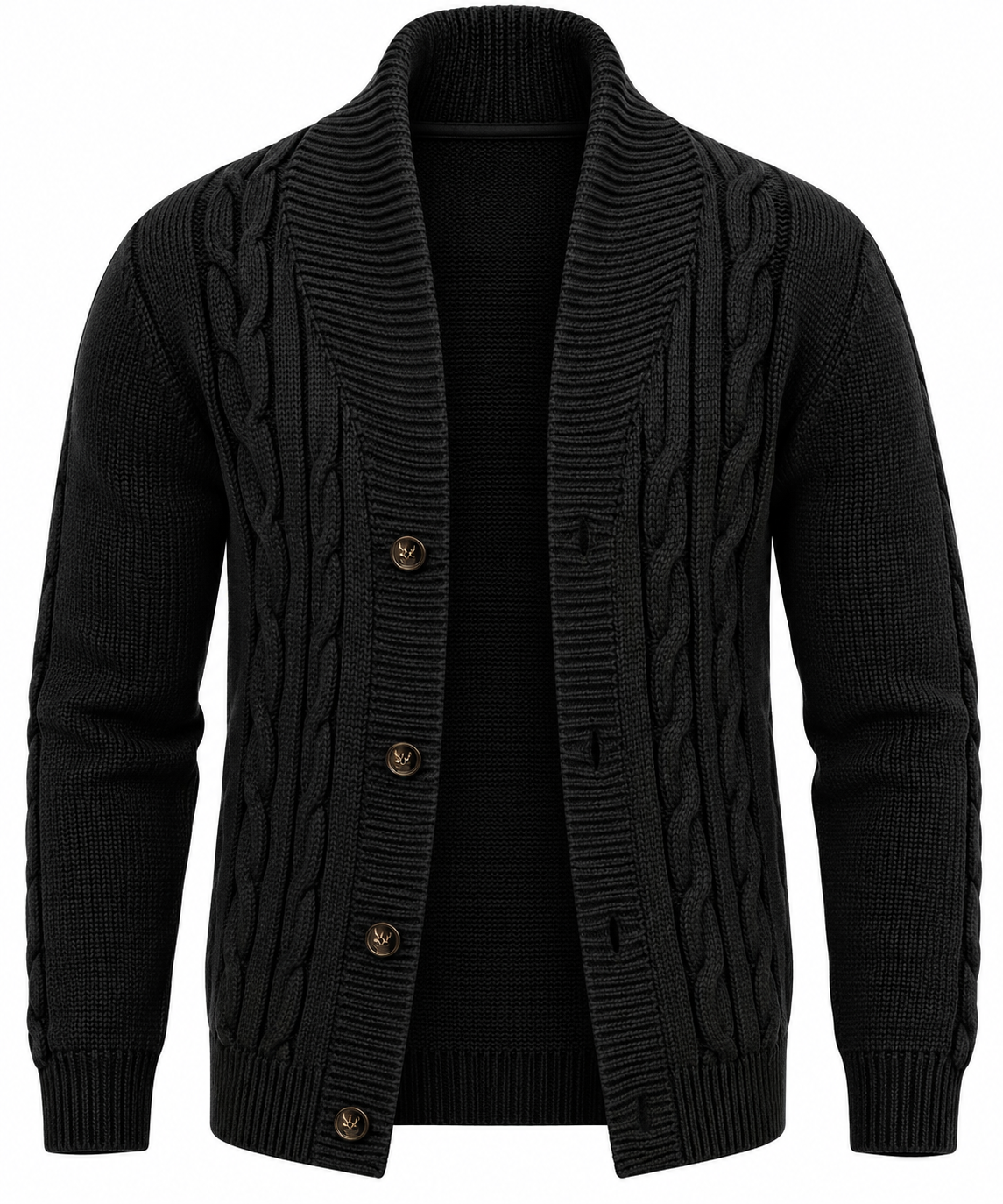 Strickjacke Herren mit Zopfmuster, Schalkragen und Knopfleiste