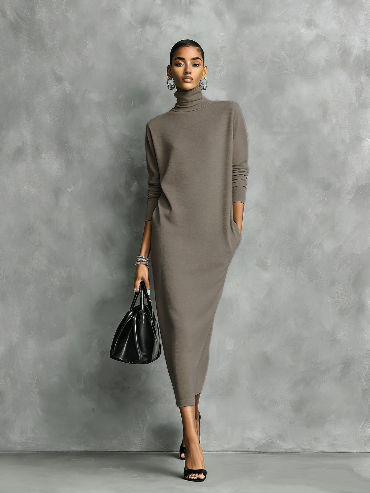 Strickkleid Damen in Midi-Länge mit Rollkragen, lange Ärmel und lockerer Schnitt