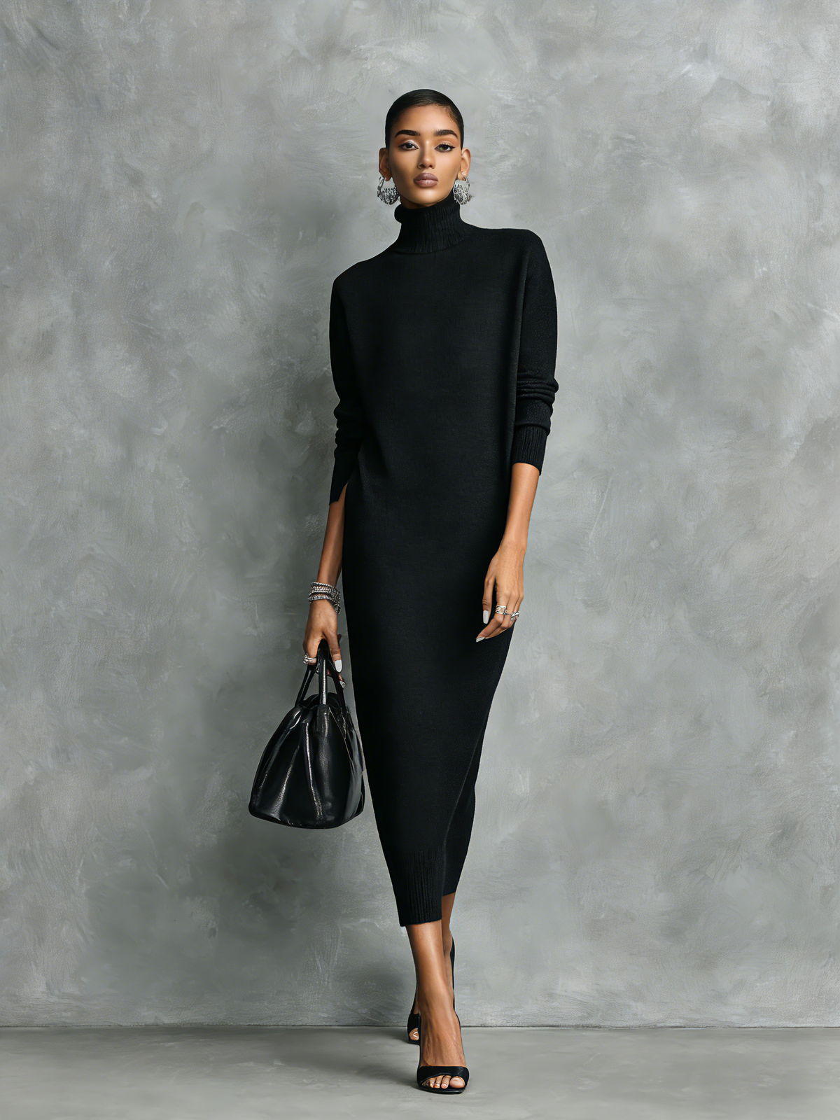 Strickkleid Damen in Midi-Länge mit Rollkragen, lange Ärmel und lockerer Schnitt
