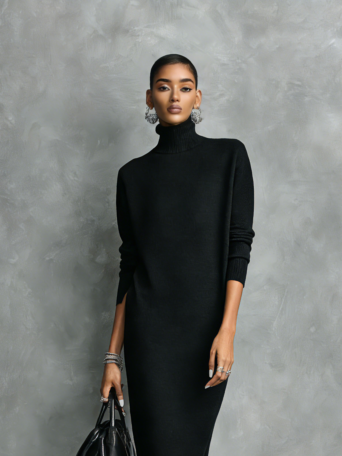 Strickkleid Damen in Midi-Länge mit Rollkragen, lange Ärmel und lockerer Schnitt