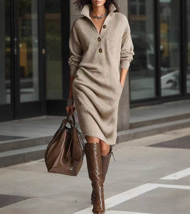 Strickkleid Damen weich und dehnbar, Midi mit Knopfleiste
