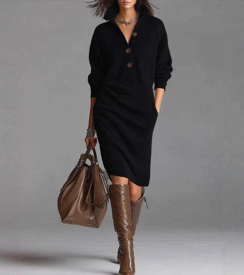 Strickkleid Damen weich und dehnbar, Midi mit Knopfleiste