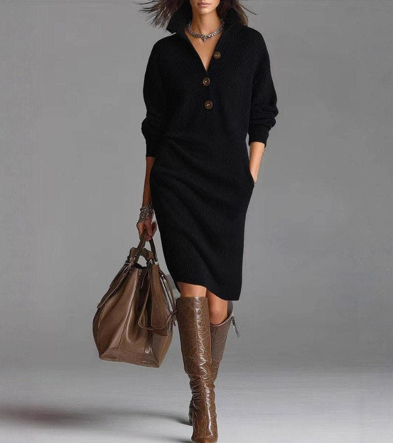 Strickkleid Damen weich und dehnbar, Midi mit Knopfleiste