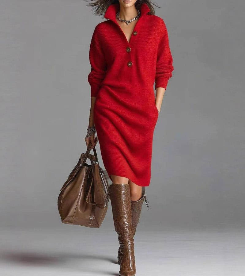 Strickkleid Damen weich und dehnbar, Midi mit Knopfleiste