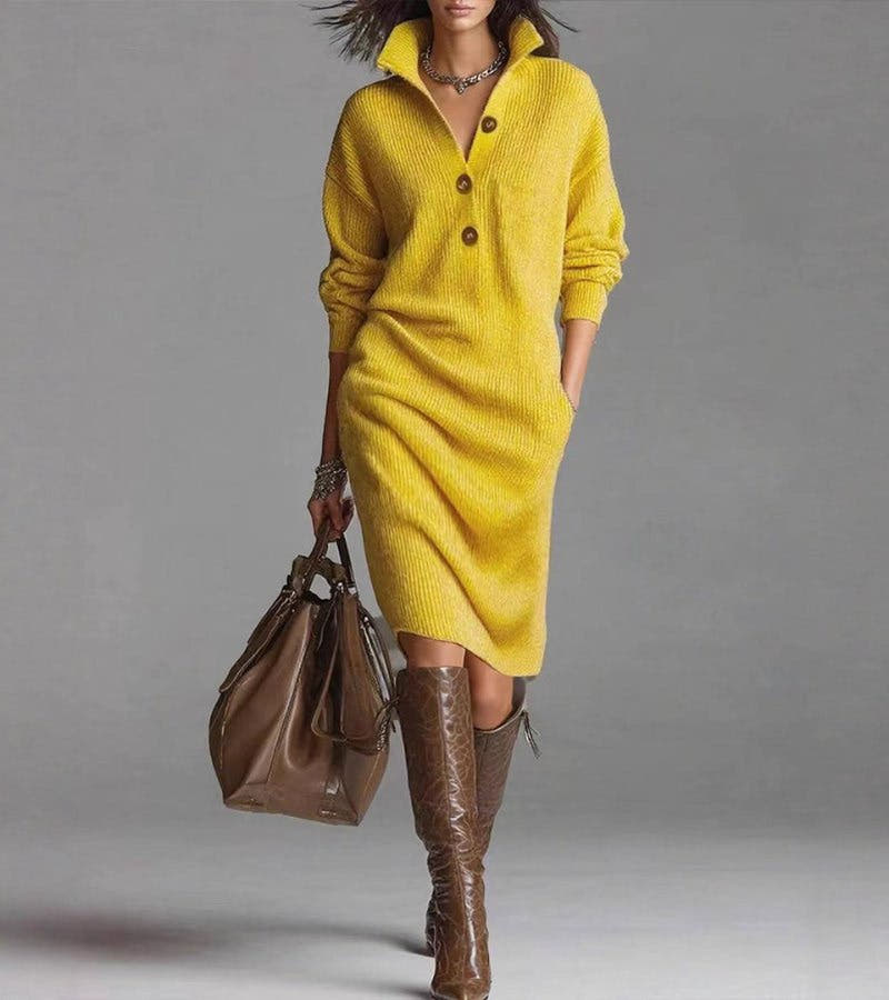 Strickkleid Damen weich und dehnbar, Midi mit Knopfleiste