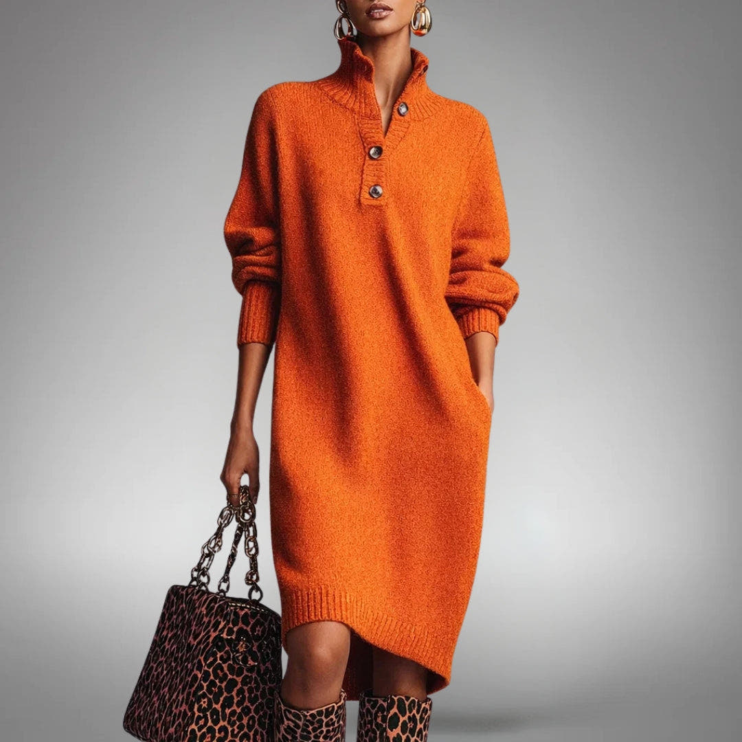 Strickkleid Damen weich wärmend in Midi-Länge mit Knopfkragen