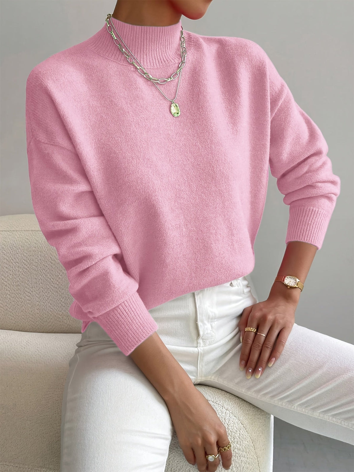 Strickpullover Damen aus flauschigem Feinstrick mit Stehkragen und überschnittenen Schultern