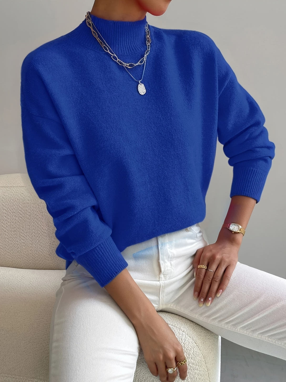 Strickpullover Damen aus flauschigem Feinstrick mit Stehkragen und überschnittenen Schultern