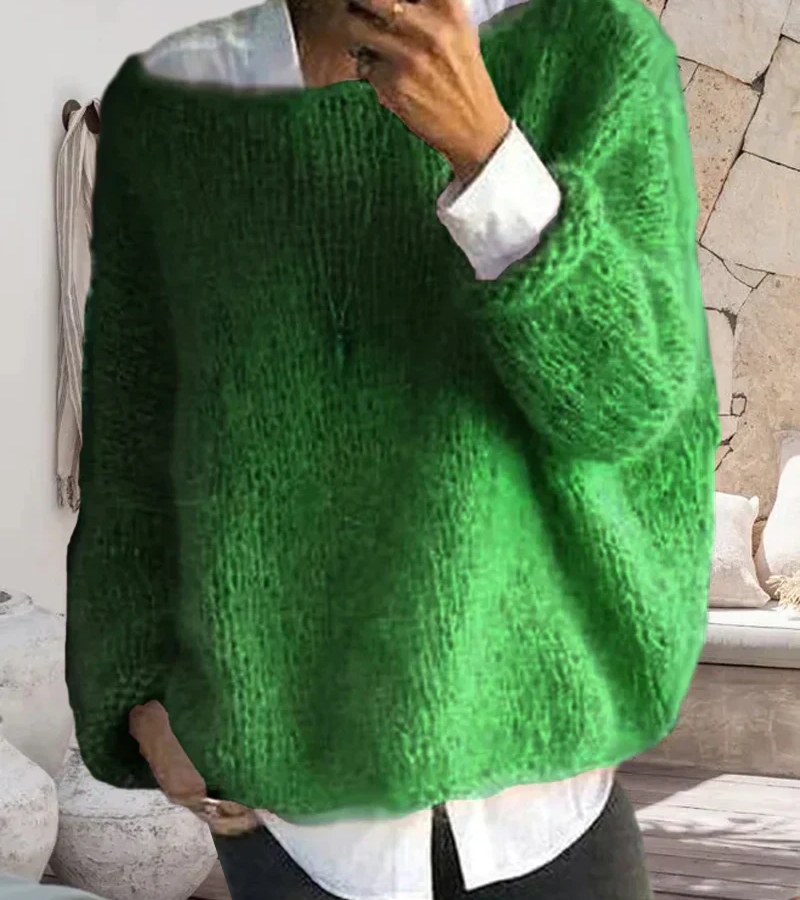 Strickpullover Damen flauschig, Oversize mit Rundhalsausschnitt