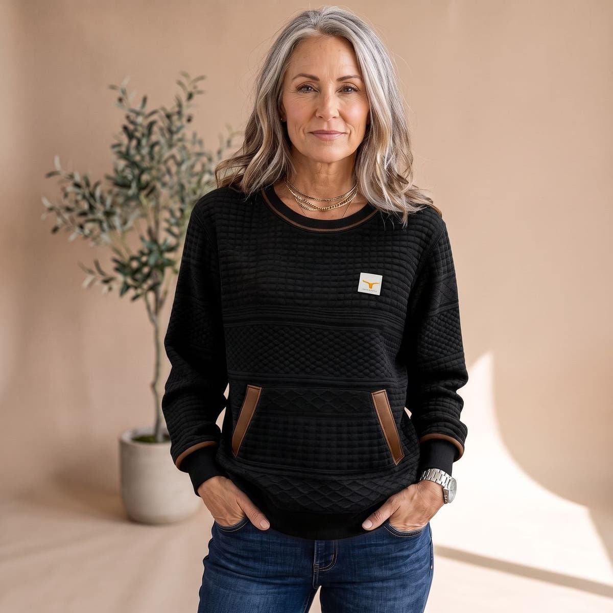 Strickpullover Damen in Waffelstrick, locker mit Kängurutasche