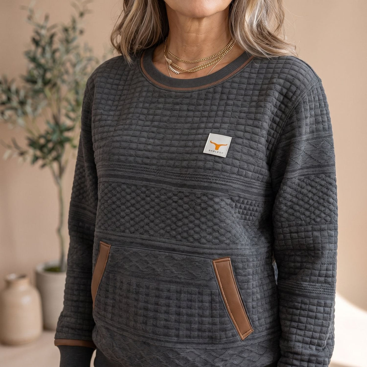 Strickpullover Damen in Waffelstrick, locker mit Kängurutasche