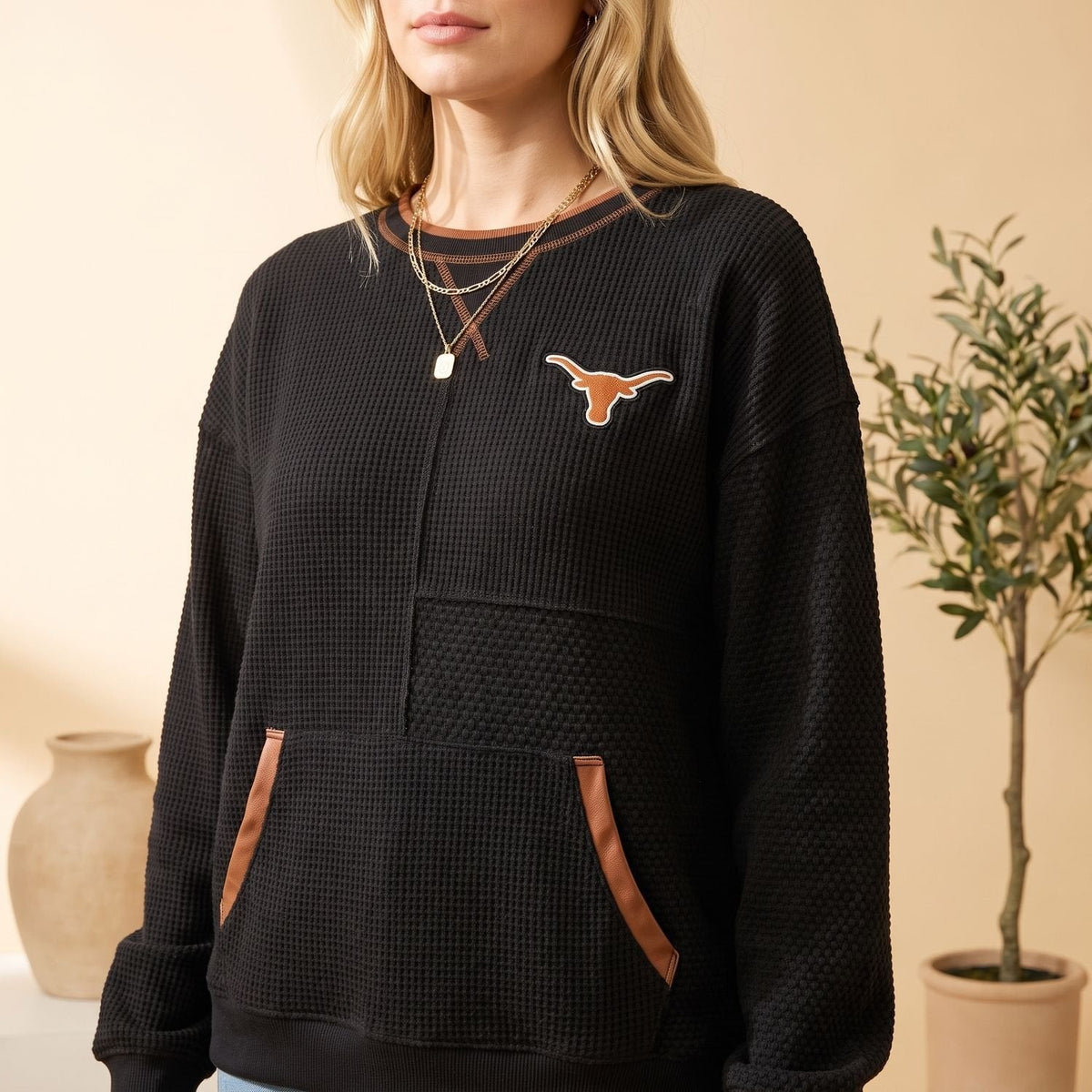 Strickpullover Damen in Waffelstrick, locker mit Kängurutasche
