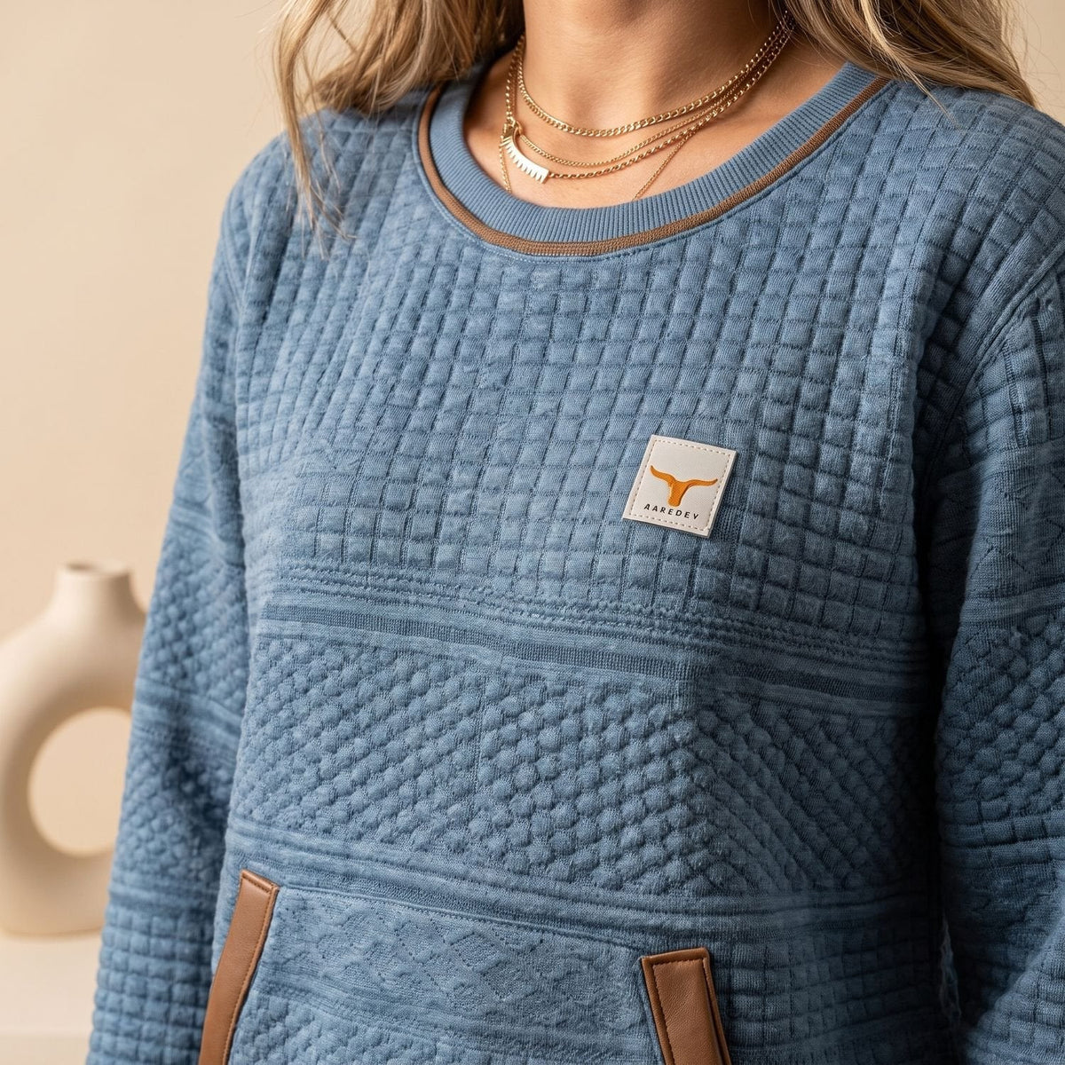 Strickpullover Damen in Waffelstrick, locker mit Kängurutasche