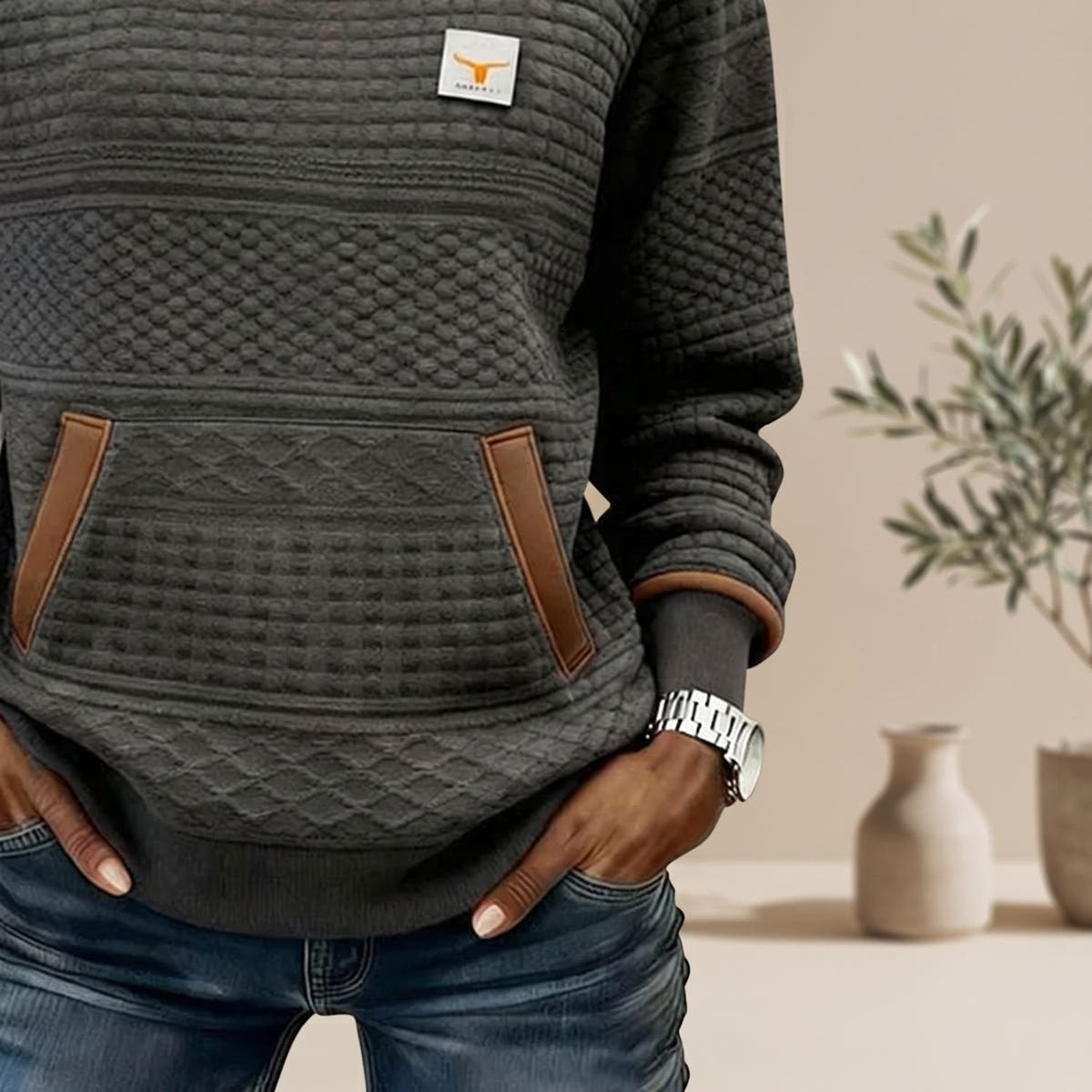 Strickpullover Damen in Waffelstrick, locker mit Kängurutasche
