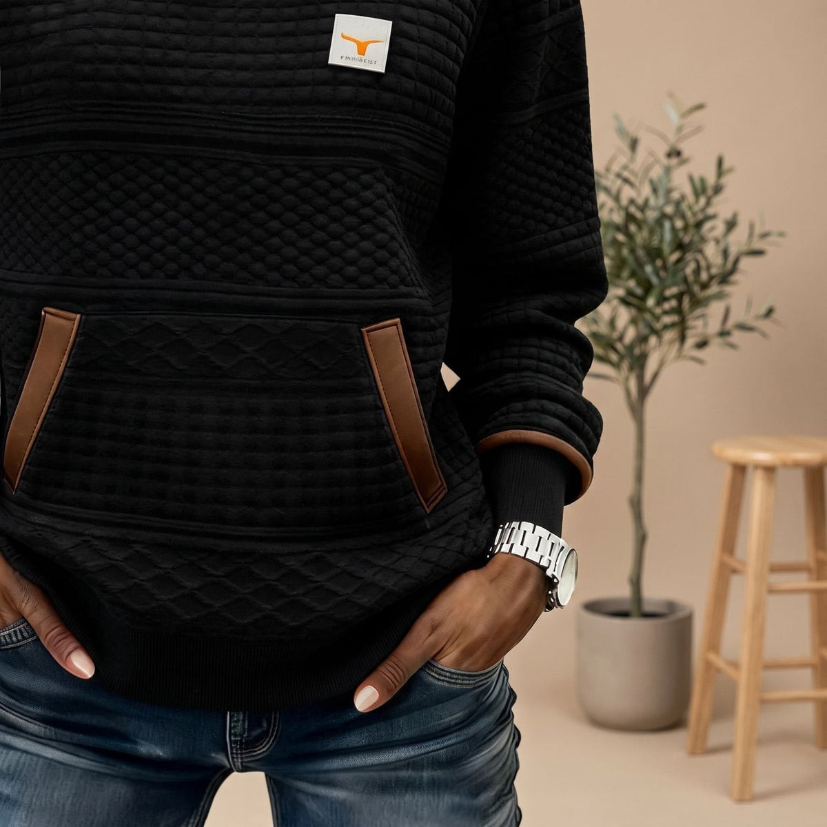 Strickpullover Damen in Waffelstrick, locker mit Kängurutasche