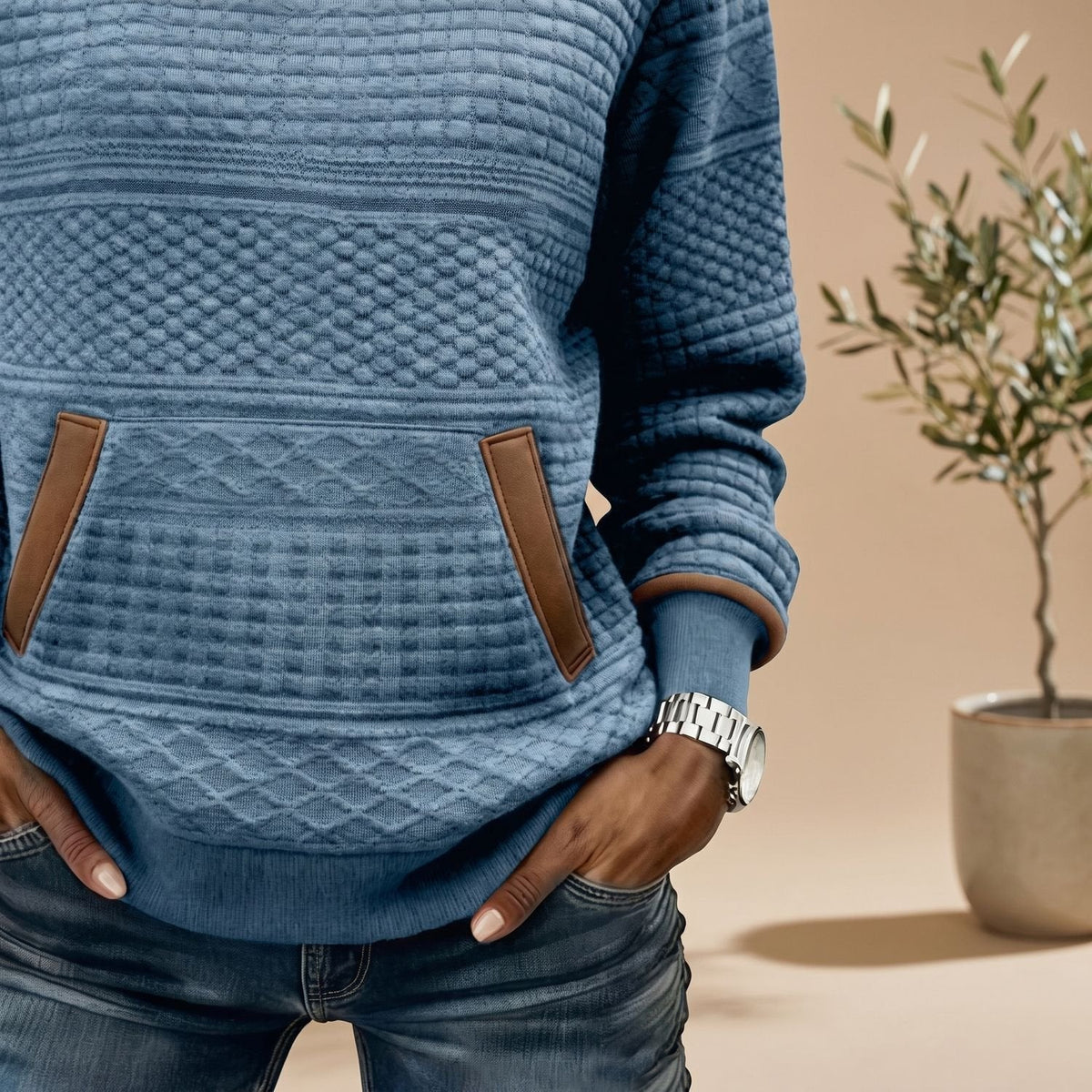 Strickpullover Damen in Waffelstrick, locker mit Kängurutasche