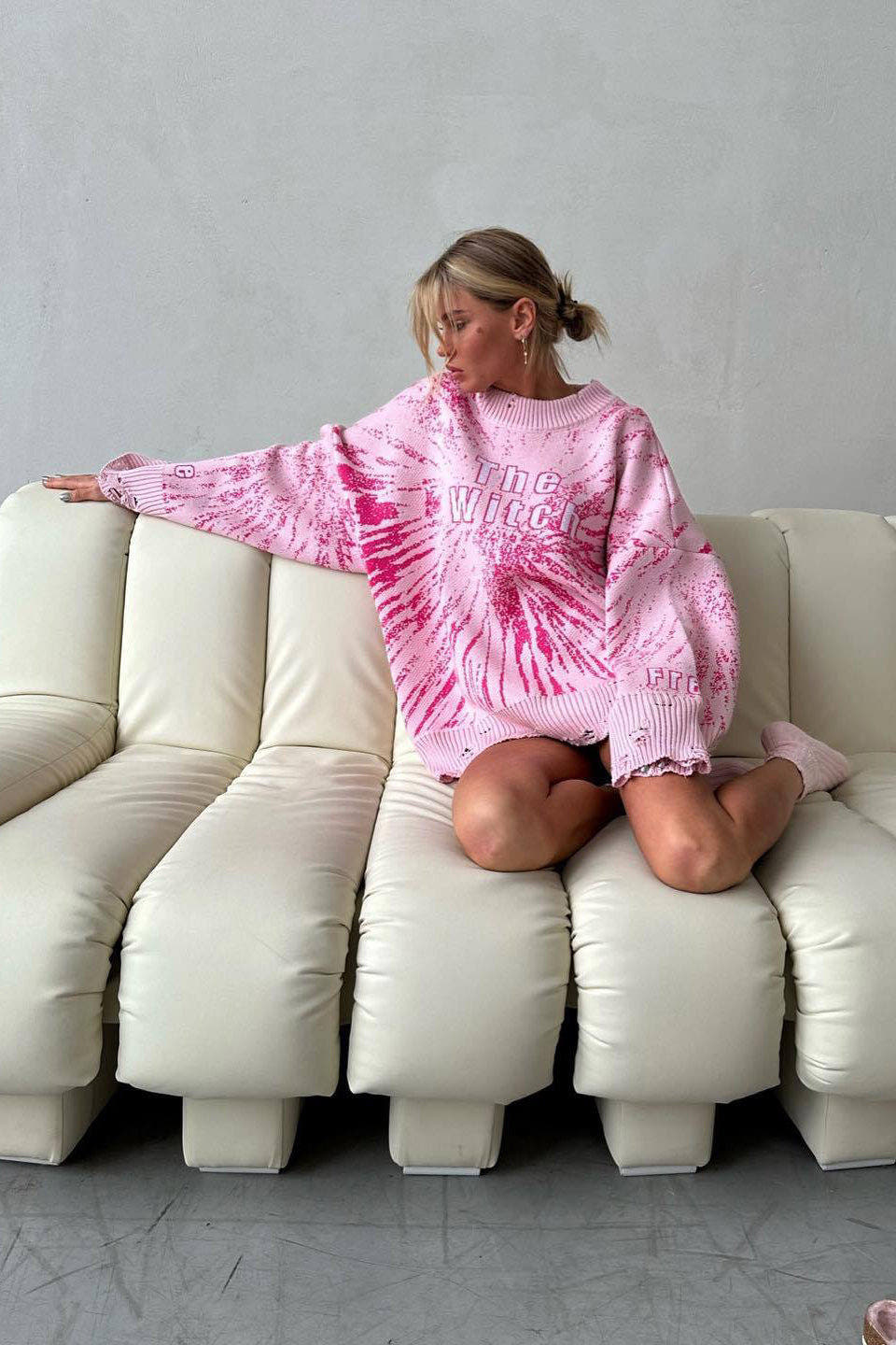 Strickpullover Damen Oversize lang mit grafischen Motiven
