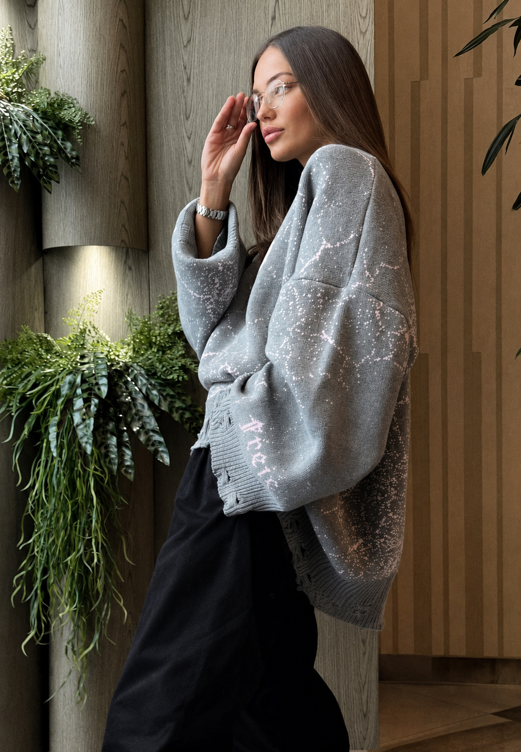 Strickpullover Damen Oversize lang mit grafischen Motiven