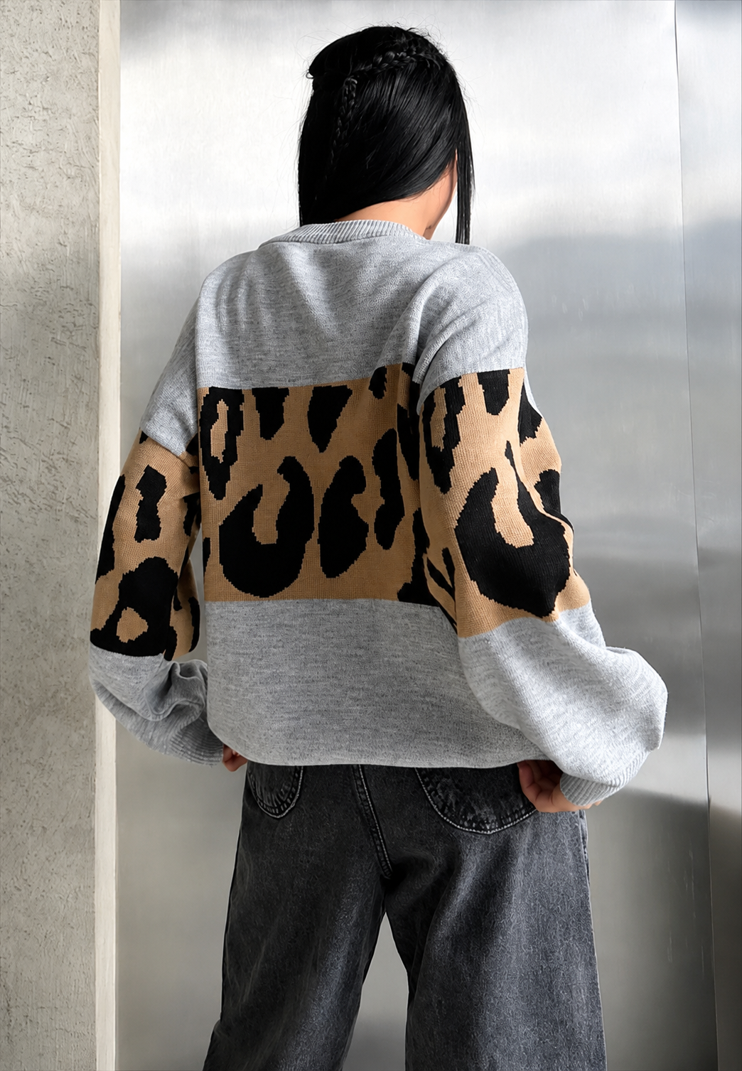 Strickpullover Damen Oversize mit Leopardenmuster und Farbblöcken