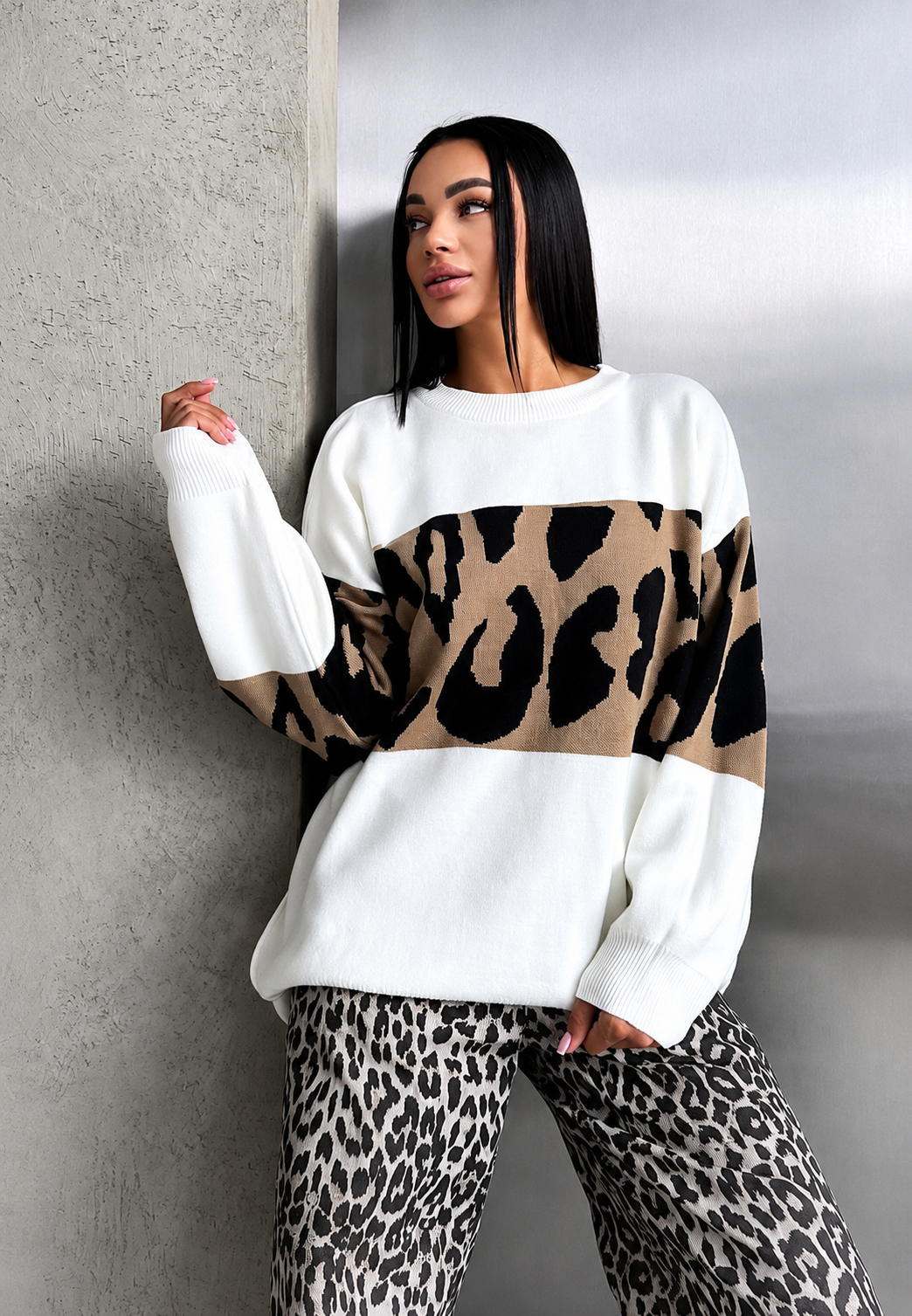 Strickpullover Damen Oversize mit Leopardenmuster und Farbblöcken