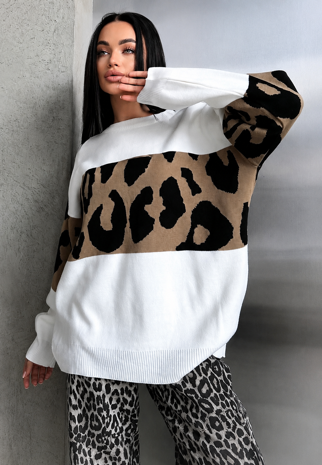 Strickpullover Damen Oversize mit Leopardenmuster und Farbblöcken