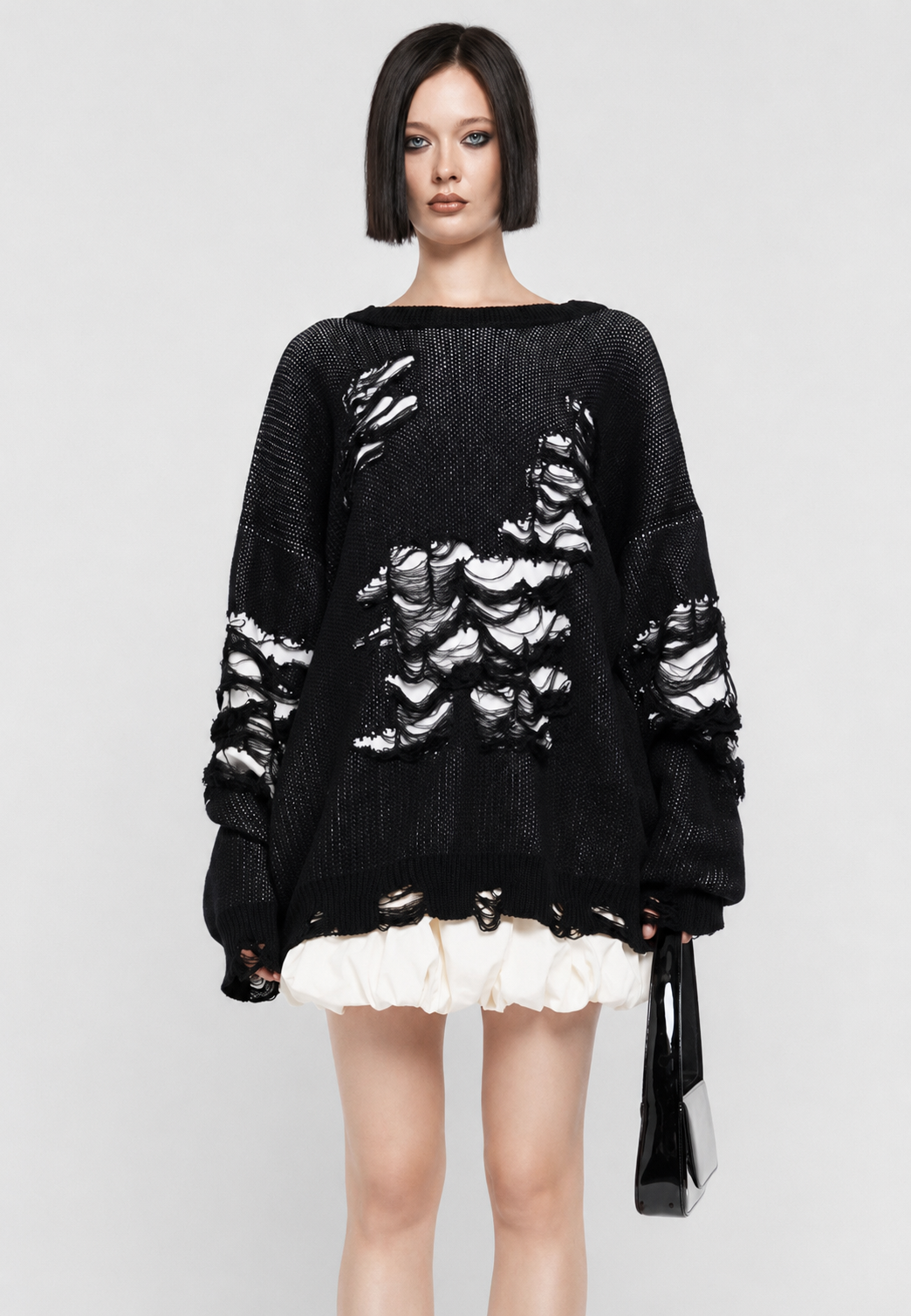 Strickpullover Damen Oversize mit offenem Strickmuster und Rissen