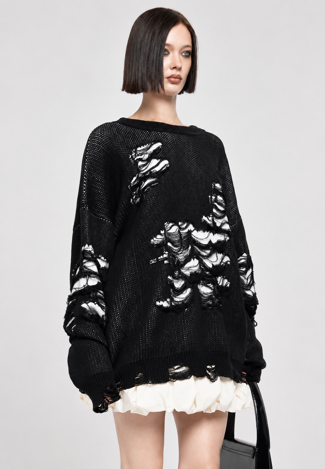 Strickpullover Damen Oversize mit offenem Strickmuster und Rissen