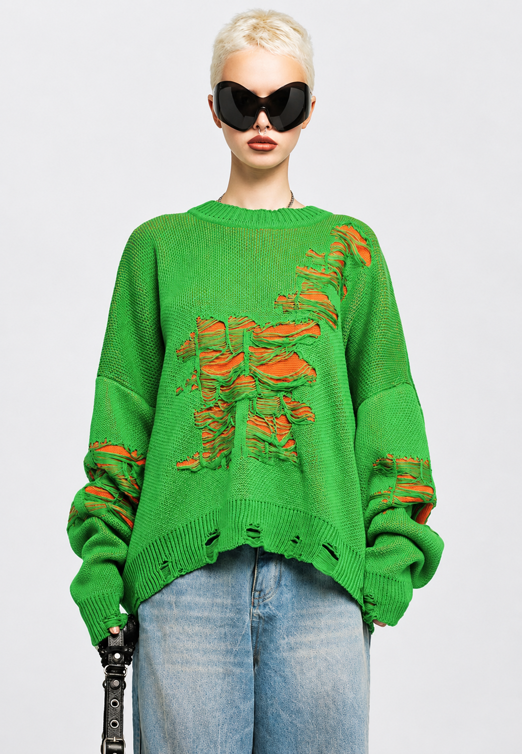 Strickpullover Damen Oversize mit offenem Strickmuster und Rissen