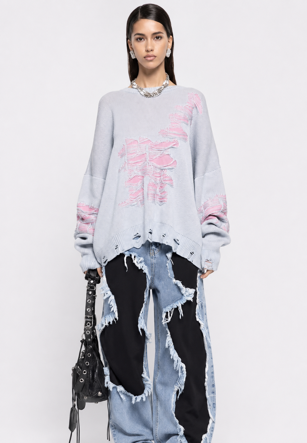 Strickpullover Damen Oversize mit offenem Strickmuster und Rissen