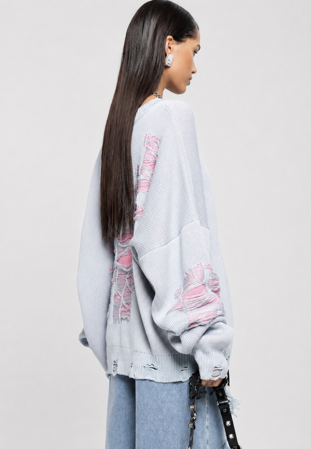 Strickpullover Damen Oversize mit offenem Strickmuster und Rissen