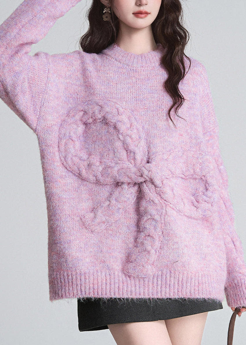 Strickpullover Damen Oversize mit Rundhalsausschnitt und Zopfstrickschleife